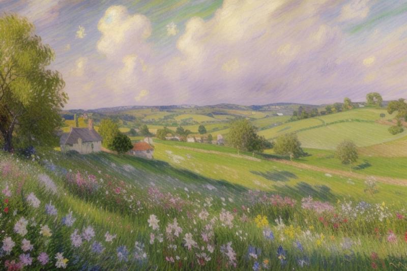 00161-1056514282-An oil painting of a picturesque countryside landscape, featuring rolling hills, blooming flowers, and a rainbow in the distance.png